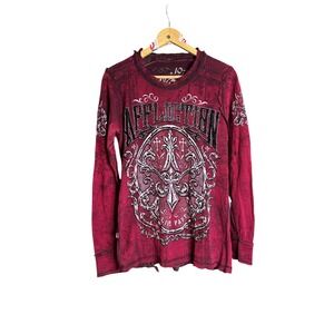Affliction Long Sleeve Thermal Henley Shirt Mens Red Graphic Print distressed M